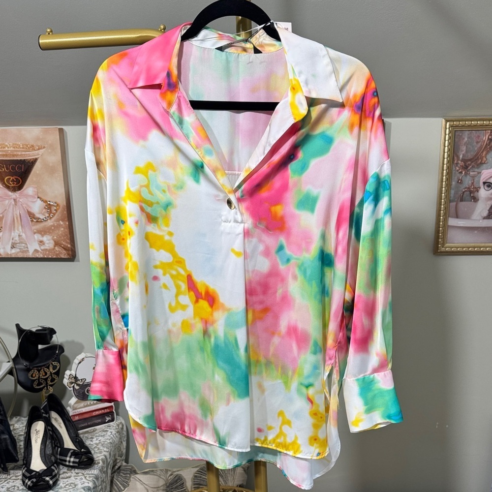 NWT Zara Watercolor Satin Blouse - Pink, Green & Yellow Gold Button Oversized